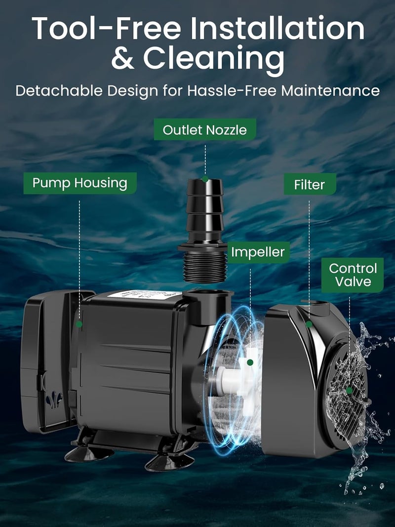 GROWNEER 1100GPH Submersible Pump 90W Fountain Water Pump 4100L/H, with 13ft High Lift, 4 Nozzles for Aquarium, Fish Tank, Pond, Hydroponics, Statuary, Garden, Black(1100GPH) - Image 3